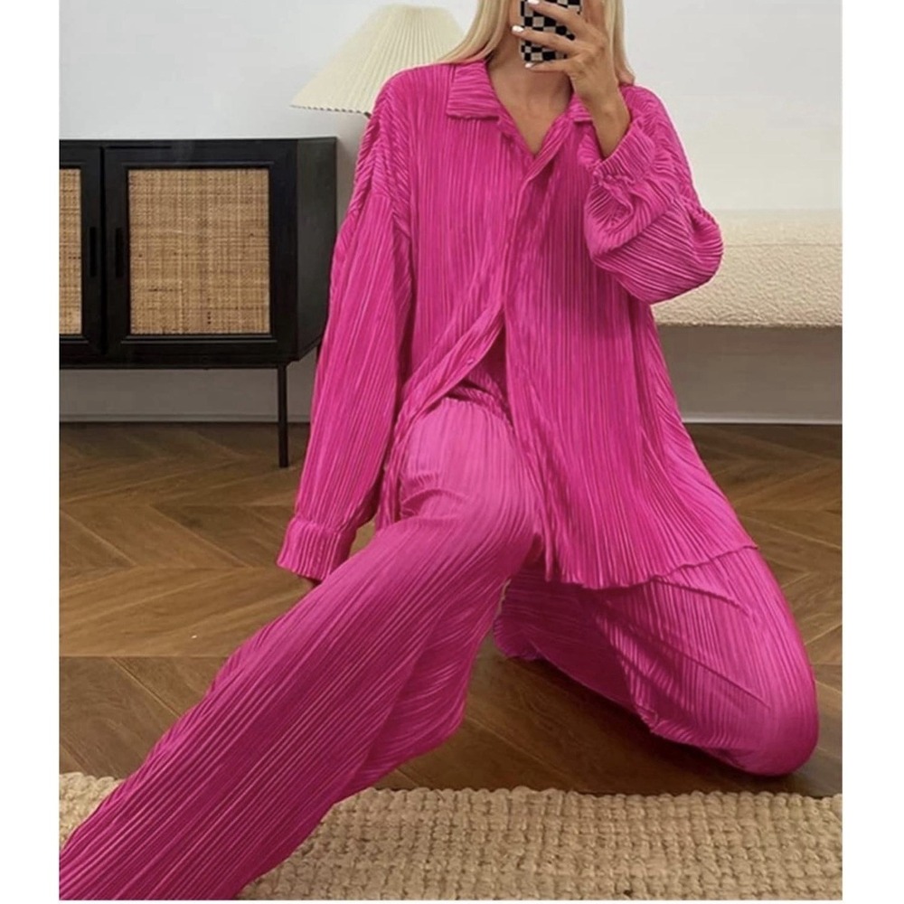 Women's Oversized Pleated 2 Piece Lounge Set Hot Pink Weekend Vibes Size 6 - Picture 2 of 13